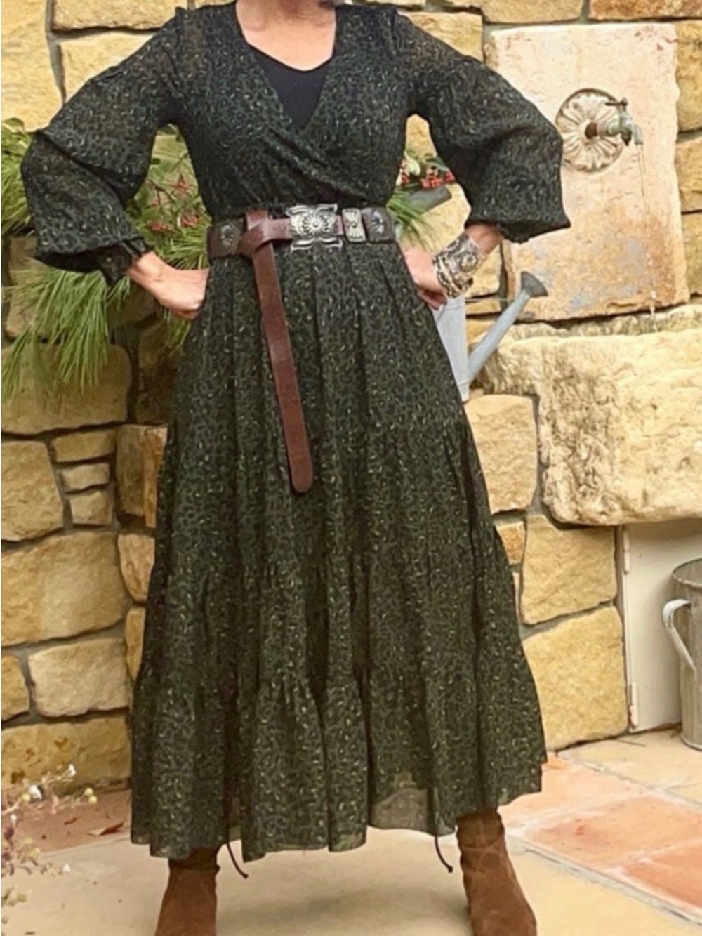Glenda Bailey Peruvian Collection. Dark Green Floral Maxi Dress.